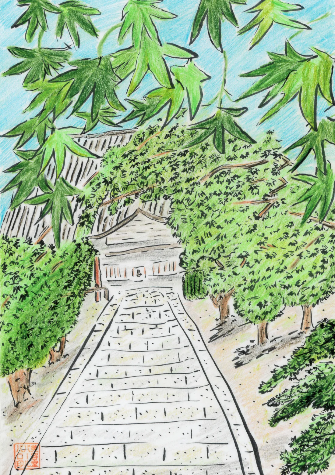 緑に囲まれた石畳とお寺を描いた風景画